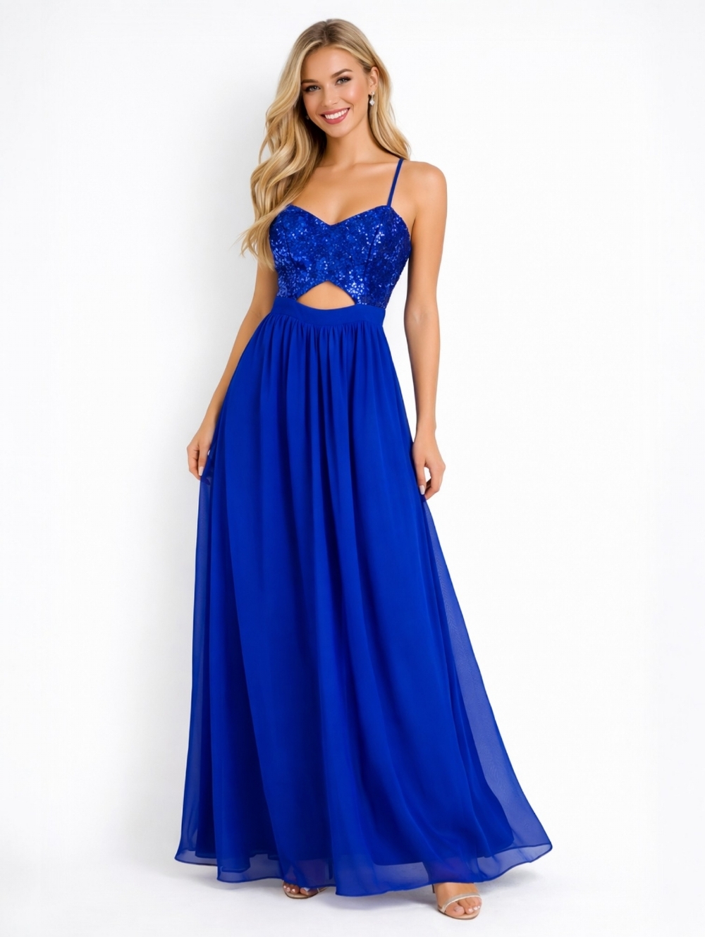 B. Darlin Blue Sweetheart Sequin Cutout Maxi Prom Dress Size 3/4 Juniors